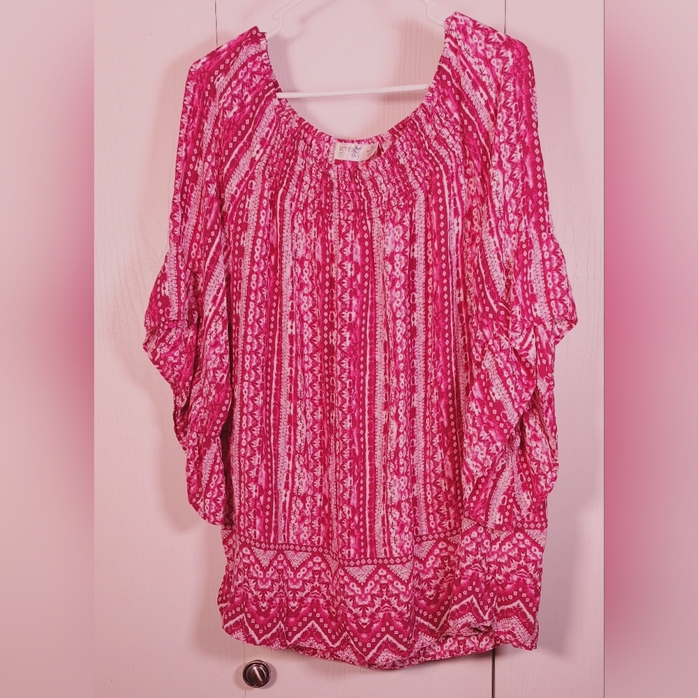 Terra & Sky Fucshia Printed Ruffle Bell Sleeve Size 2X Tunic Top Flowy Boho